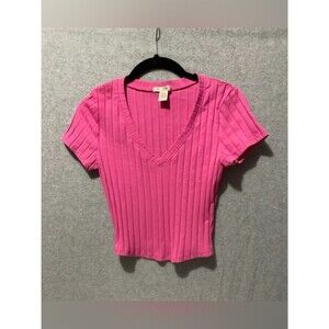 Bozzolo Youth Girls Medium Pink Ribbed V-Neck Short Sleeve Baby Tee Y2K Top